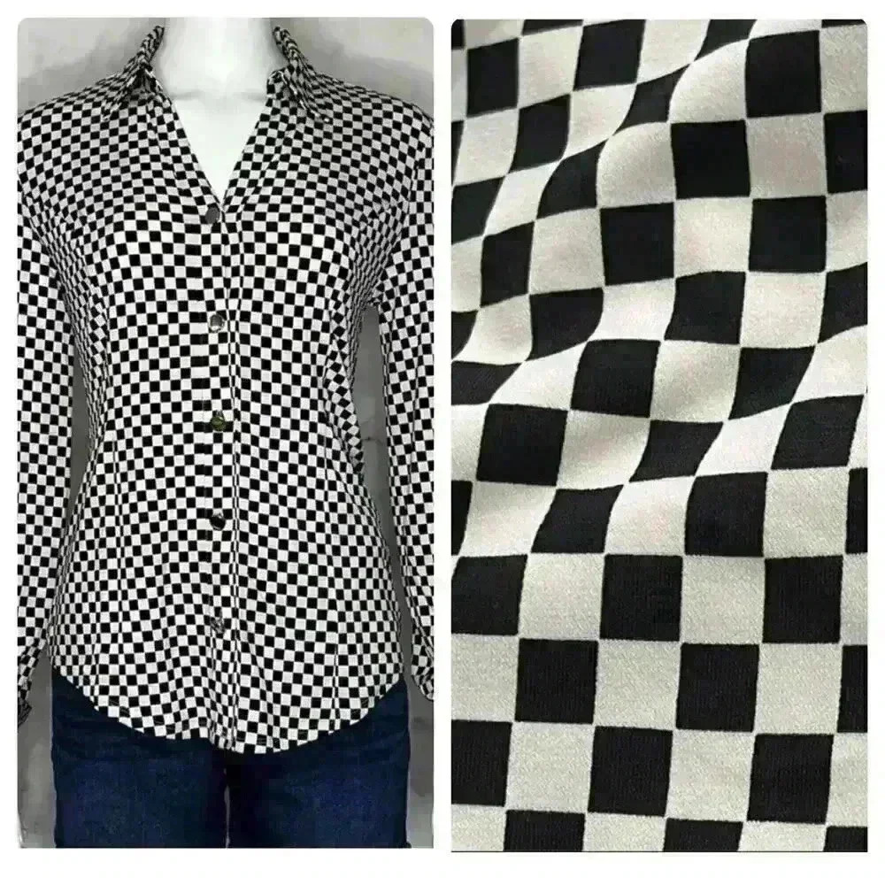 Carmen Marc Valvo Checkered Button Down Blouse Top Small Black White